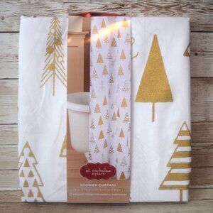 NWT St Nicolas Square Holiday/Christmas White and Gold Shower Curtain